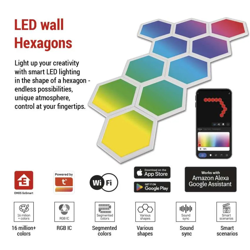 Lampa Smart Inteligenta de Perete Hexagon 10 Segmente 19W Multicolor RGB IC Wifi, Sincronizare Muzica, Aplicatie Tuya GoSmart