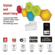 Lampa Smart de Birou HEXAGON Alba 6 Parti Customizabila Multicolor RGBIC Programabila cu Wifi, Sincronizare Muzica si Aplicatie Tuya GoSmart